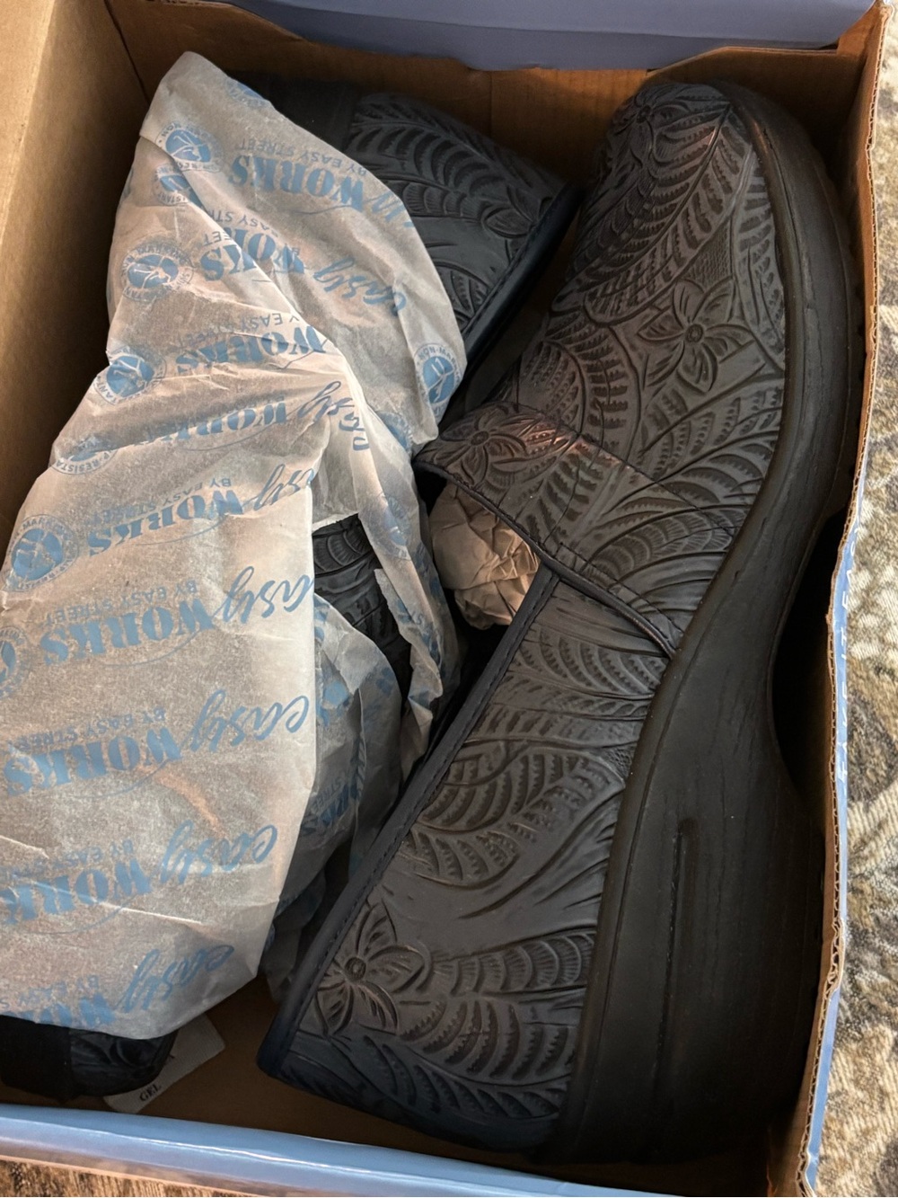 Easy Street Black Embossed Slip-On Loafers with Floral Detail